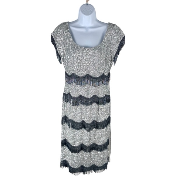 Batsheva NEW Octavia Cocktail Party Formal Midi Dress in Silver Sequin Size 6 - Picture 6 of 13